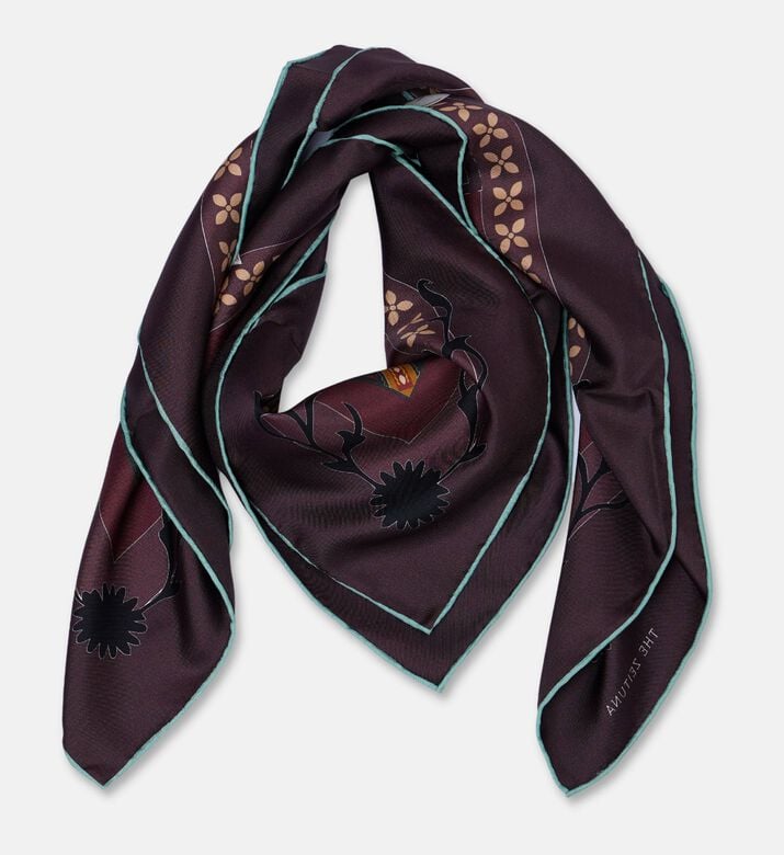 The Zeituna Sacred Hour Burgundy Tapestry Square Silk Scarf, Packshot View