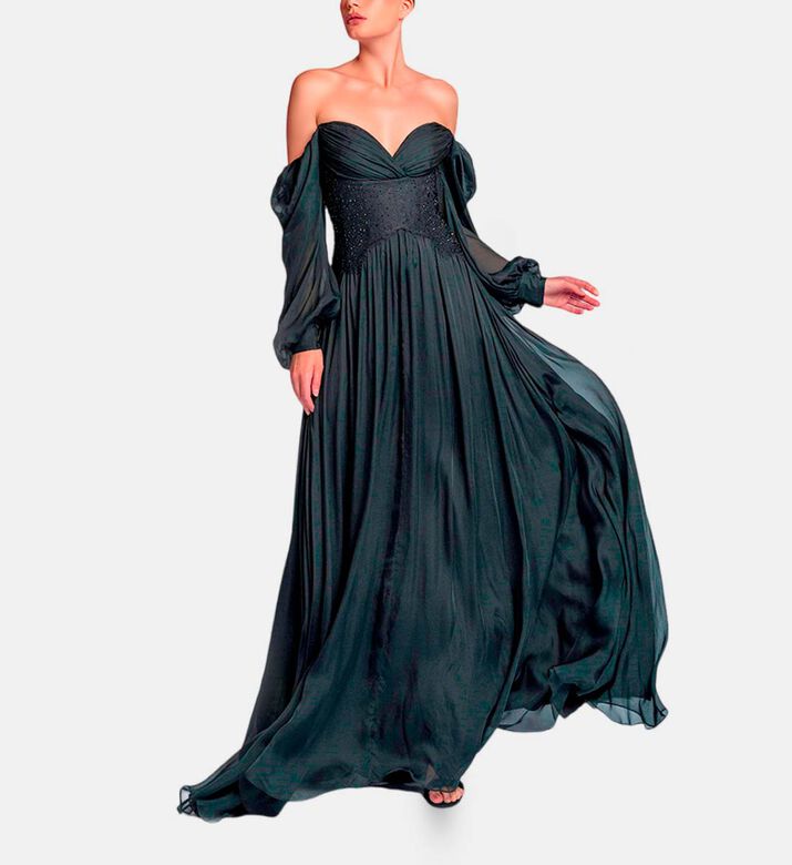 Michael Cinco Rhinestone-embellished Puff Sleeve Maxi Dress, Black, Xl, Model View