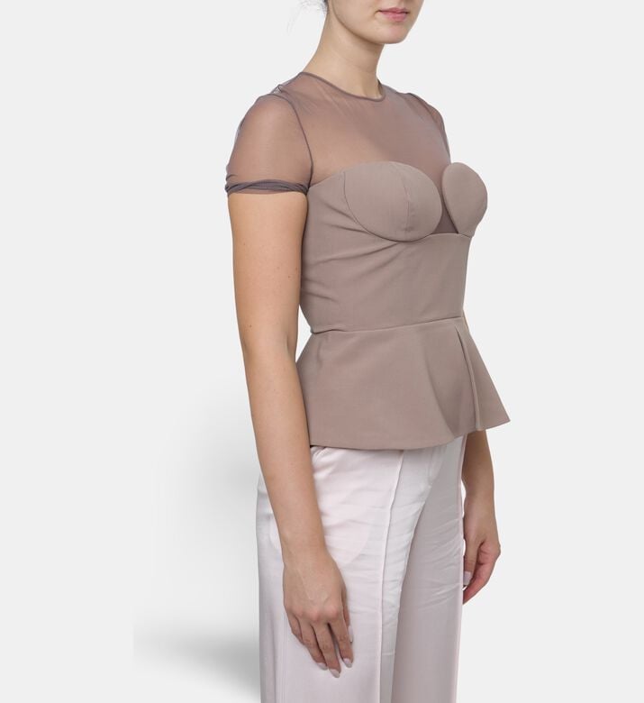Nensi Dojaka Sheer Illusion Peplum Bustier Top, Model View