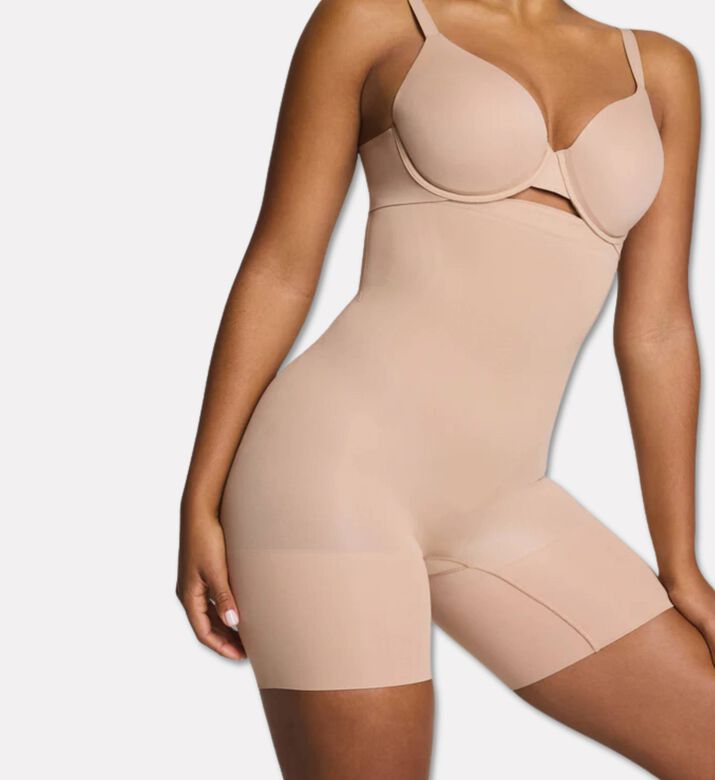 Spanx Seamless High-waisted Mid-thigh Shaper, Nude, S, Model View