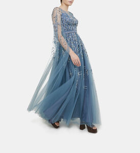 فستان ماكسي بأكمام تول بتصميم أوراق شجر