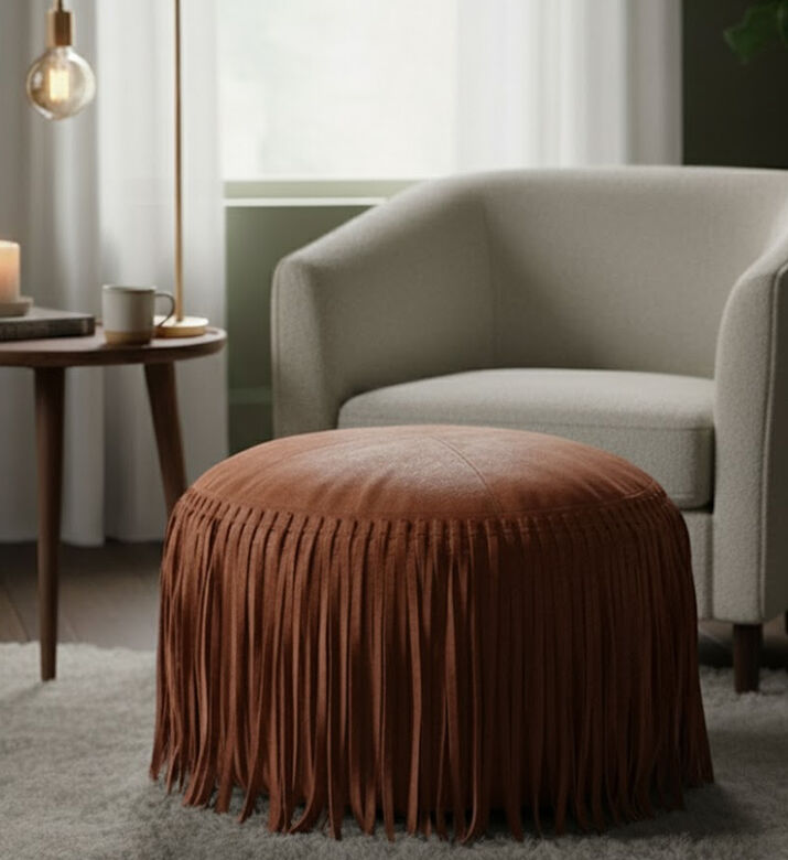 Home Deco and More Willow Suede Leather Round Pouf, Terracotta, Packshot View