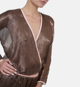 Forte-Forte Crinkled Lamé Kimono Wrap Top, Brown, L, Model View