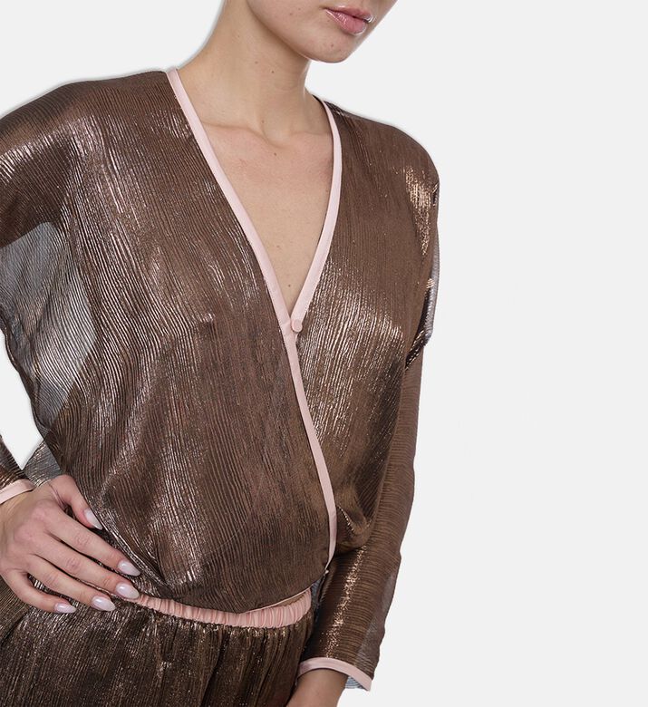 Forte-Forte Crinkled Lamé Kimono Wrap Top, Brown, L, Model View