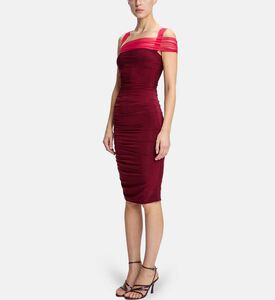 فستان متوسط الطول مكشكش بكتف بطيات