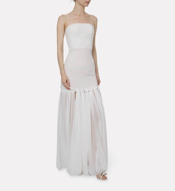 Nensi Dojaka Ruffled Chiffon Skirt Bustier Gown, Model View