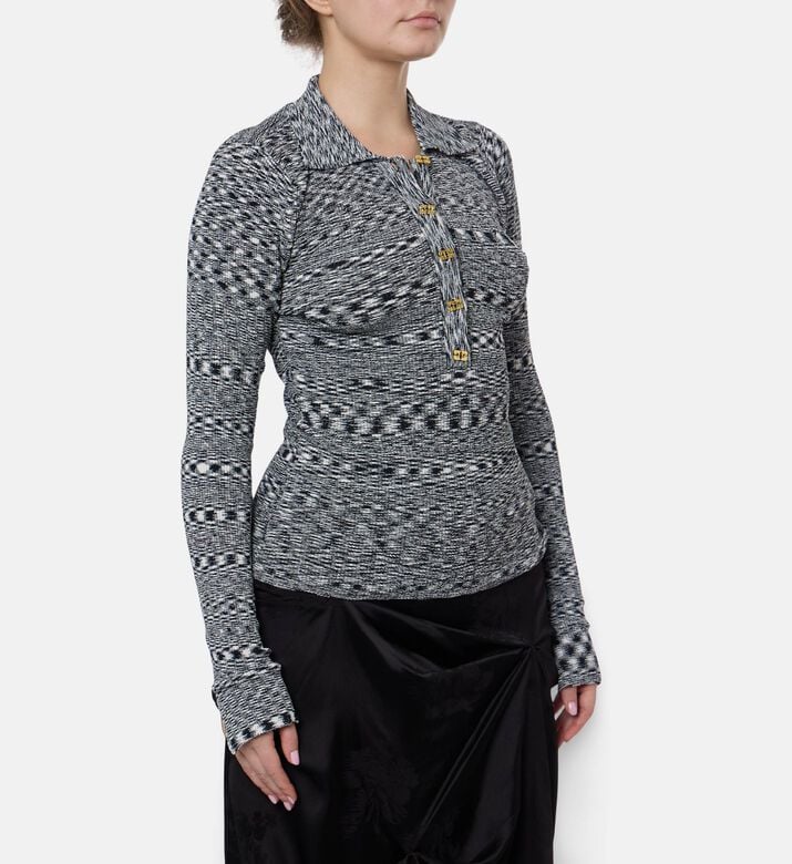 Ganni Knit Stripe-print Long-sleeve Polo Shirt, Model View