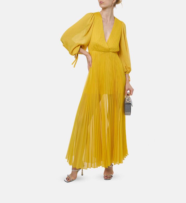 Pleats-detail Long-sleeve Flared Dress