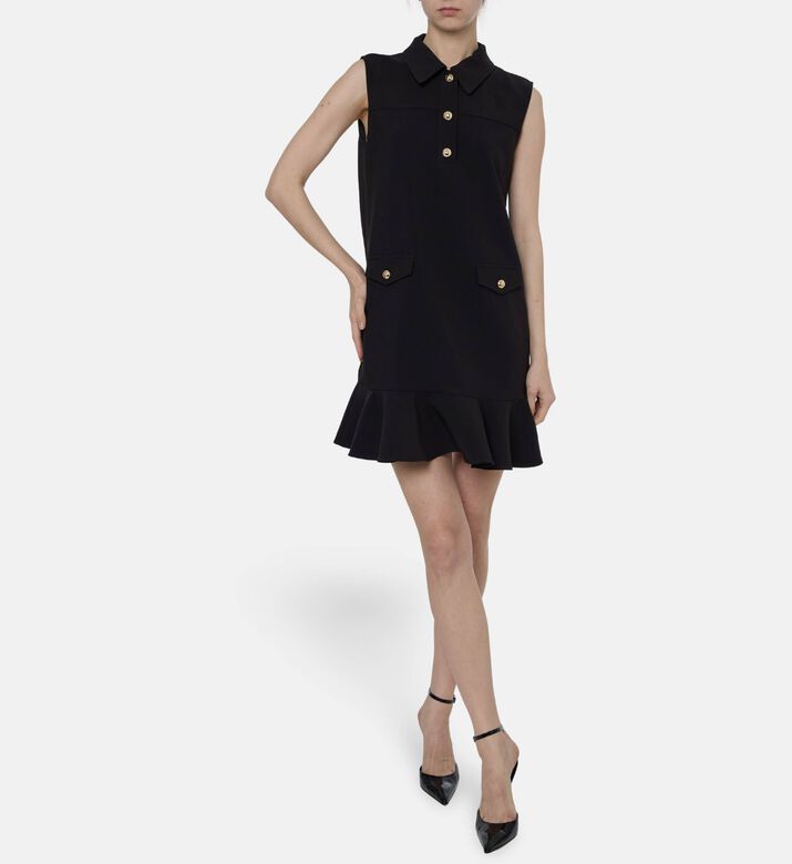Ganni Gold-tone Logo Buttons Ruffled Hem Mini Dress, Model View