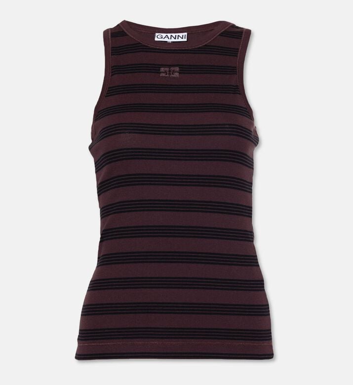 Ganni Tonal Logo Embroidered Micro-stripe Tank Top, Brown, M, Packshot View