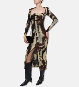 Nanushka Aponi All-over Abstract Camouflage Ruched Maxi Dress, Model View