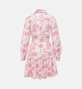 فستان مايا متوسط الطول بتفاصيل مكشكشة بطبعة