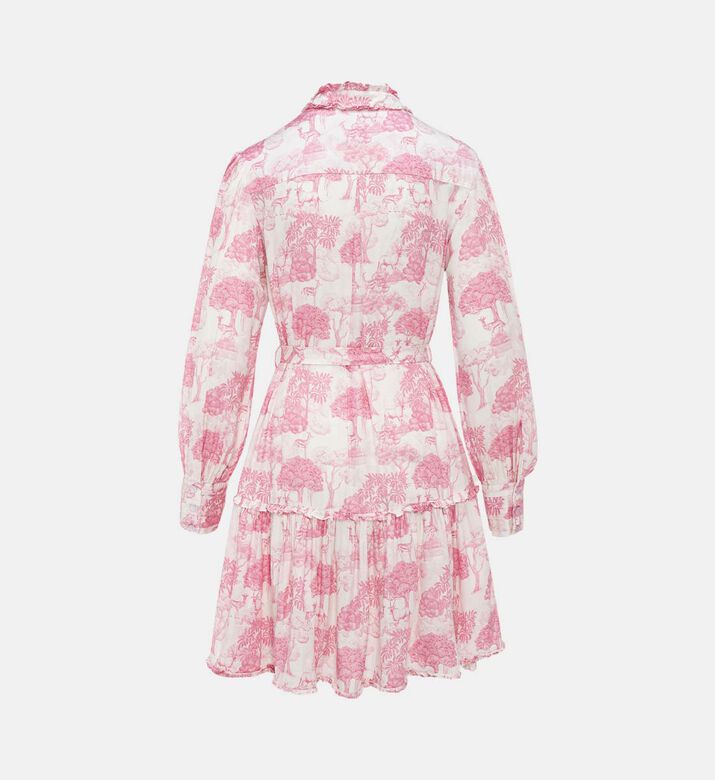 فستان مايا متوسط الطول بتفاصيل مكشكشة بطبعة