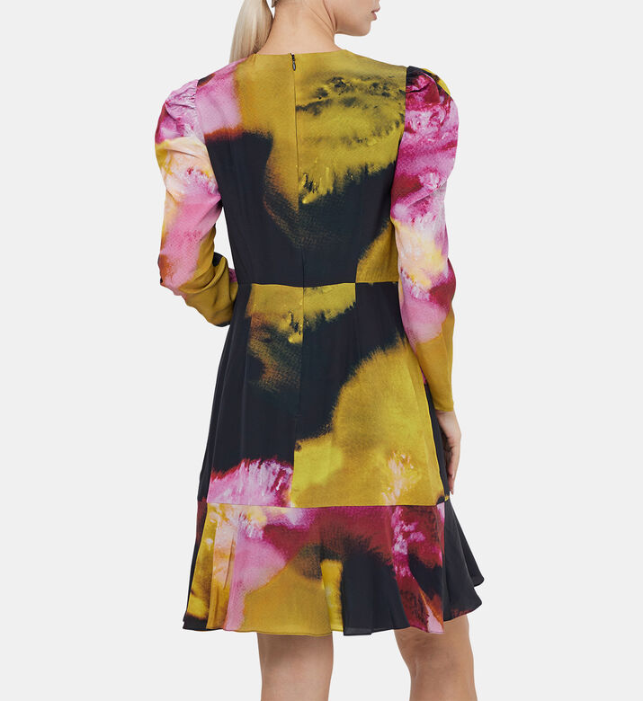 Chine Blur-print Long Puff-sleeve Mini Dress