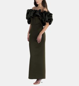Puffy Off Shoulder Satin With Neoprene Bodycon Puffy Off Shoulder Satin With Neoprene Bodycon