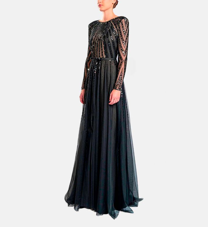 Michael Cinco Beads-embroidery Maxi Flared Dress, Black, S, Model View
