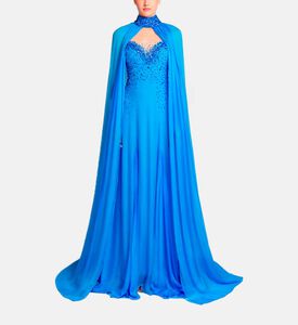 Michael Cinco Beads-embroidery Flared Dress, Blue, M, Model View