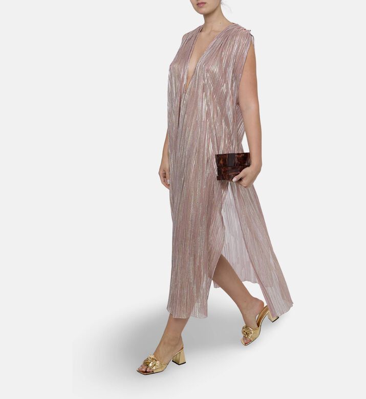 Blue For Burgundy Metallic Pleated Column-cut Maxi Dress, Model View