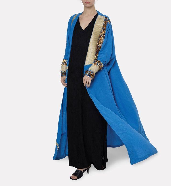 Dalia Al Azem Diagonal Gold-taping Sequined Abaya, Model View