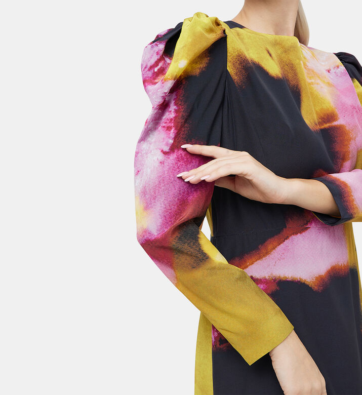 Chine Blur-print Long Puff-sleeve Mini Dress