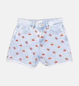 شورت جينز بأزرار إغلاق وتطريز شعار
