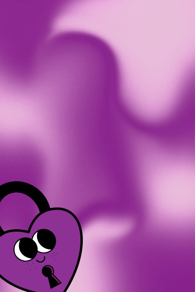 Purple heart-shaped padlock with cute eyes and keyhole, set on a dreamy pink-purple gradient background.