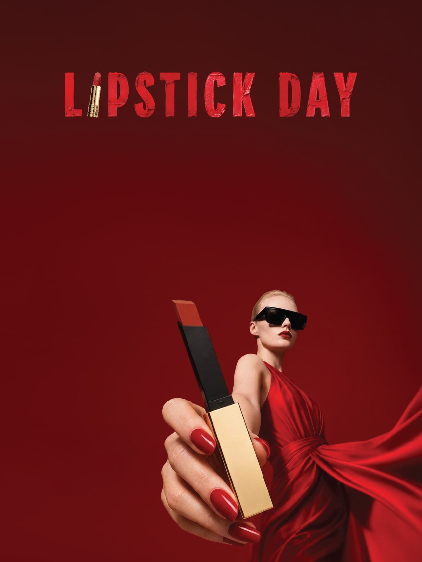 Image of model holding a lipstick on red background