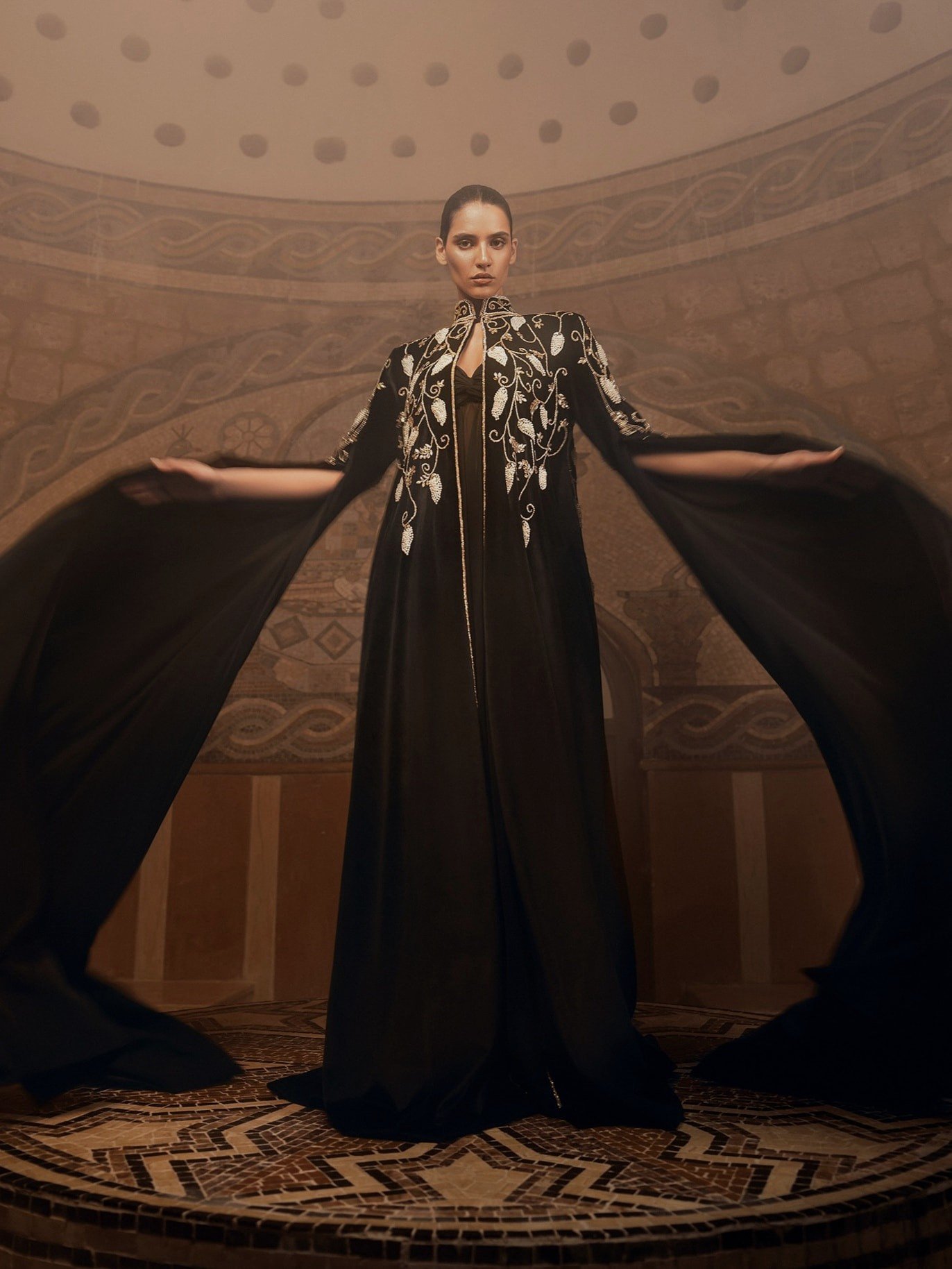 Image of a model in Ramadan outfit on beige background